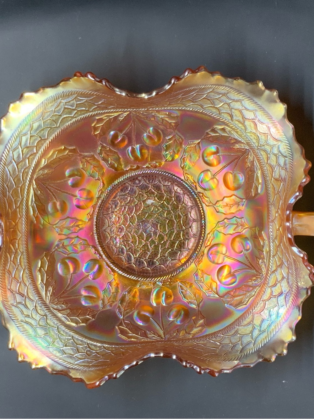 Iridescent Amber Carnival Glass Serving Bowl Marigold